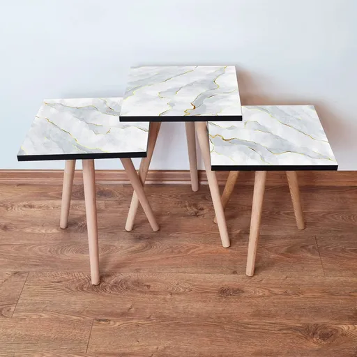 Set masute 3 piese, Hanah Home, 3Shp161, Alb / Gri / Auriu