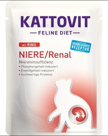 KATTOVIT Feline Diet Niere/Renal Beef hrana umeda dietetica pentru pisici cu afectiunile ale rinichilor, cu vita 85 g