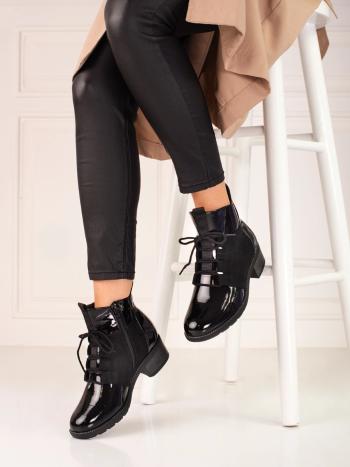 Botine negre interesante pentru femei pe toc plat