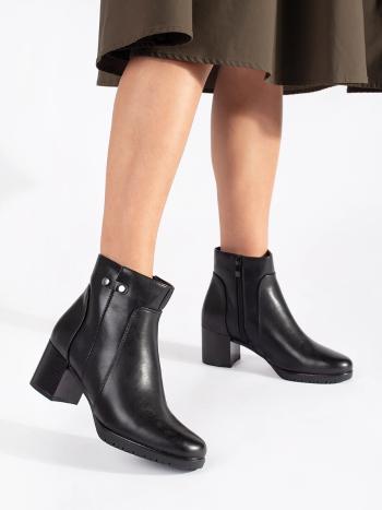 Botine clasice pentru femei, negre, cu toc lat