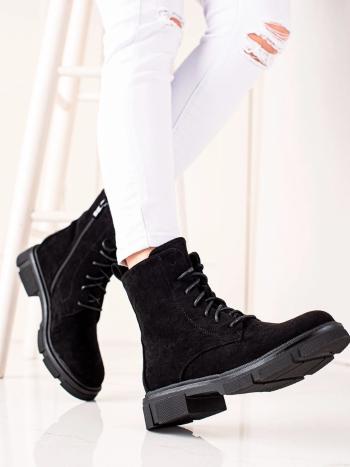 Botine negre interesante pentru femei pe toc plat
