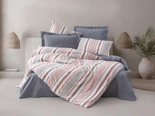 Lenjerie de pat dubla (DE), 3 piese, L'essentiel Maison, Duo, Albastru închis / Alb / Roz