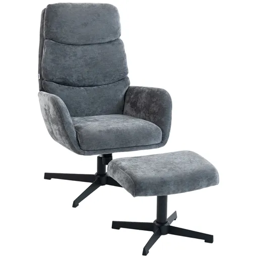 HOMCOM Fotoliu tapițat cu taburet, fotoliu lounge cu spătar înalt, bază metalică, pentru living, dormitor, gri | Aosom Romania