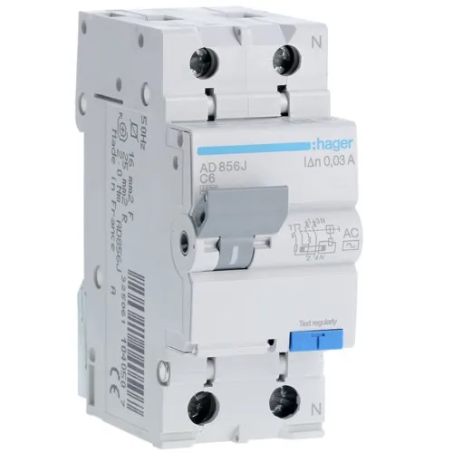 Disjunctor diferential RCBO 1P+N 6A/30mA curba C tip AC 4.5kA Hager AD856J