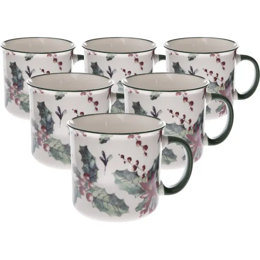 Set de 6 căni de porțelan Christmas holly 520 ml, 520 ml