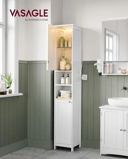 Dulap ingust pentru baie cu lumina integrata, Vasagle, 30x30x170 cm, MDF, alb cloud