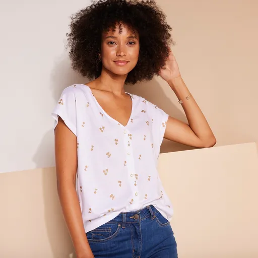 Cămașă butonată cu decolteu în V cu imprimeu de cireșe