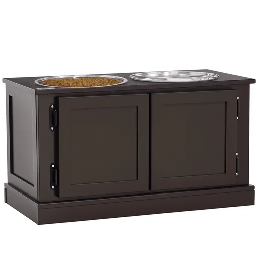 PawHut Stație de hrănire cu boluri ridicate, cu spațiu de depozitare, 60 cm x 30 cm x 34 cm, Maro + Argintiu | Aosom Romania