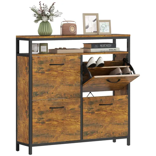 HOMCOM Dulap pentru pantofi cu 4 sertare pliabile, design compact, raft deschis, pentru 12-20 de perechi de pantofi, oțel, maro | Aosom Romania