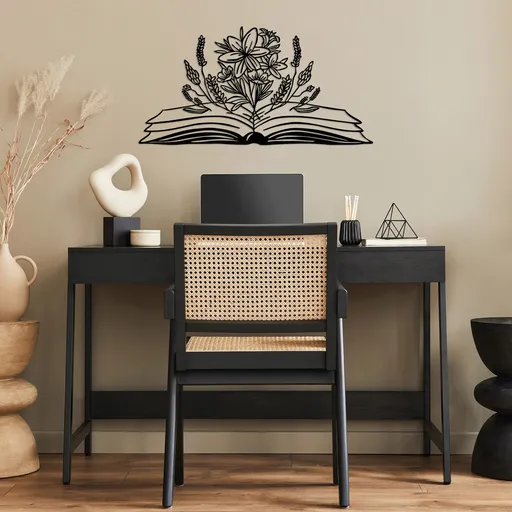 Decoratiune de perete, Book And Flower, 70 x 35 cm, Negru