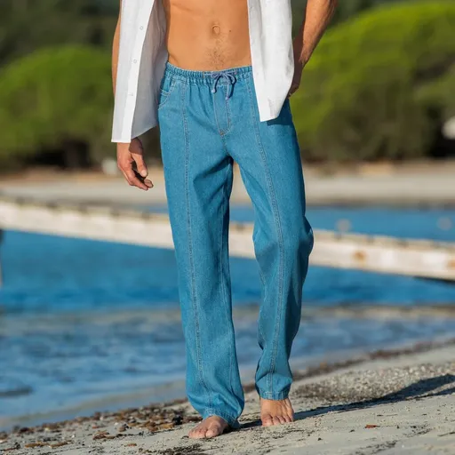 Blugi cu talie elastică, denim deschis