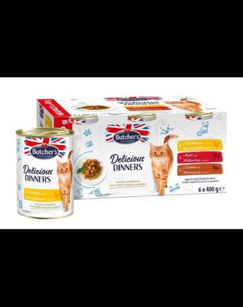 BUTCHER'S Delicious Dinners Cat Meaty selection in Jelly 6x400 g bucati pui, vita si vanat in aspic pentru pisici