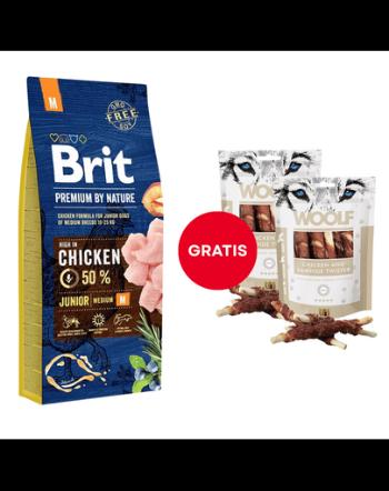 Mancare caini BRIT Premium By Nature Junior Medium M Chicken 15 kg + WOOLF Chicken And Rawhide Twister 2 x 100g GRATIS