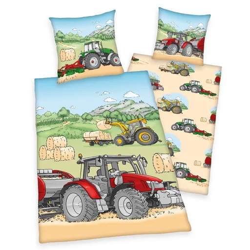 Lenjerie de pat copii, din bumbac, Tractor, 140 x 200 cm, 70 x 90 cm