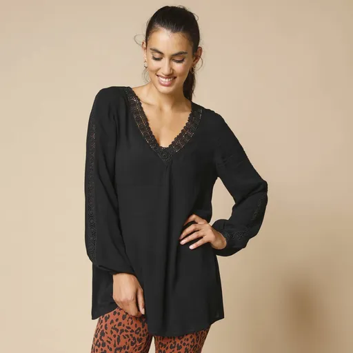 Tunică cu macramé și mâneci lungi, crepon