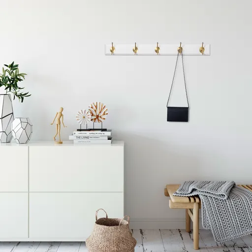 Cuier de perete din lemn, Hanah Home, ASK-005, 65x7x8 cm, Alb/Auriu