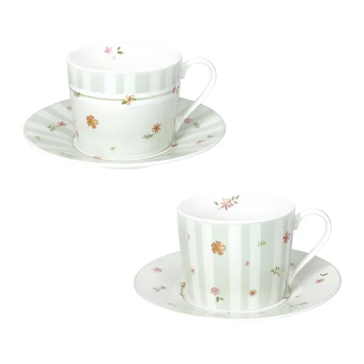 Set 2 cesti cu farfurie pentru ceai, Polline Green, Brandani, D15x7 cm, 200 ml, portelan New Bone China