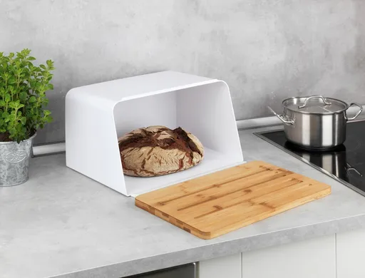 Cutie pentru paine, Wenko, Kubo, 35 x 26.5 x 20.5 cm, plastic/bambus, alb/maro