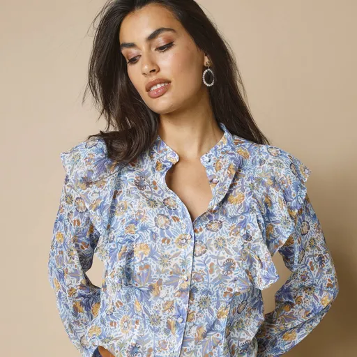Bluză cămașă cu volane și imprimeu