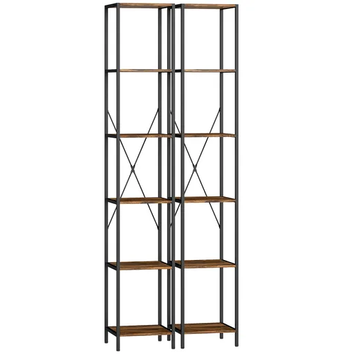 HOMCOM Set de 2 rafturi cu 6 polițe, cadru din oțel, pentru living, birou, dormitor, Maro-Rustic | Aosom Romania