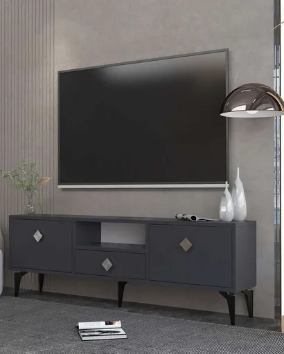 Comoda TV, Hanah Home, 1304-DROP-1, 140x49x30 cm, PAL , Antracit / Argintiu