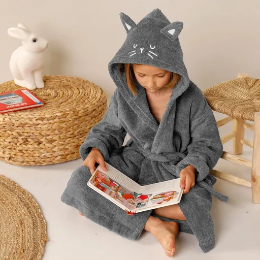 Halat pentru copii din terry bouclé Colombine, cu motiv de pisică pe glugă