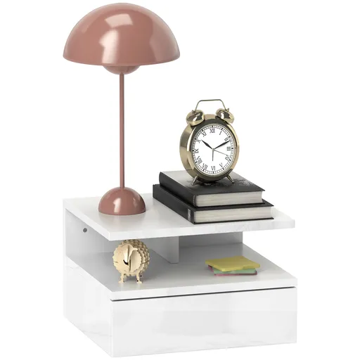 HOMCOM Set de 2 Noptiere Suspendate cu Sertar și Raft Superior din Lemn, 35x32x22.5 cm, Alb Lucios | Aosom Romania