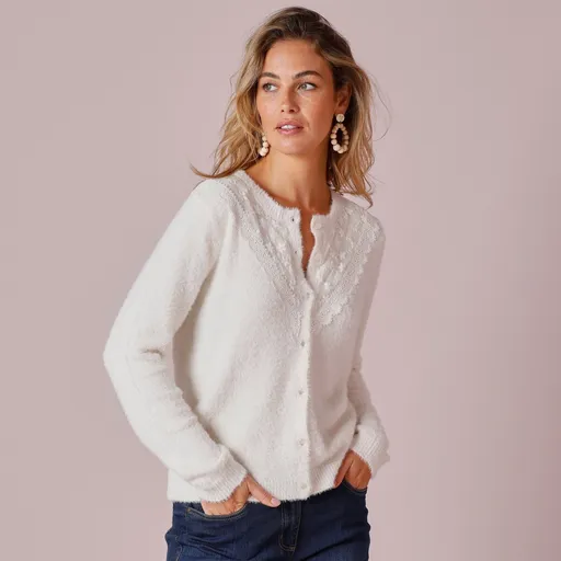 Pulover cu nasturi cu tul brodat, realizat din tricot fin