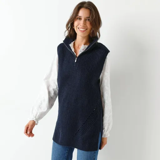 Vestă lungă cu guler înalt și fermoar