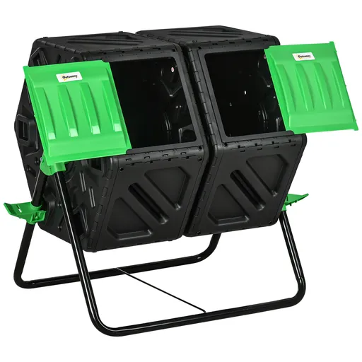 Outsunny Compostor de grădină bac pentru compost resturi rotativ 360° dublă cameră 130 L oțel PP 67 x 60 x 77 cm negru | Aosom Romania