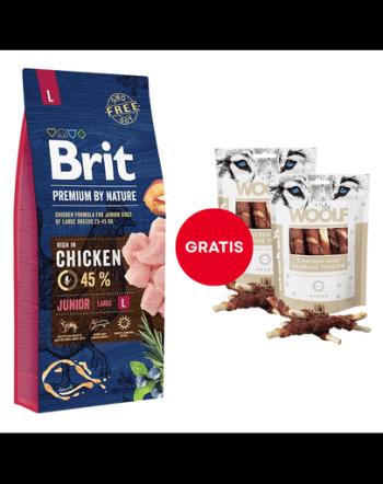 Hrana catelus BRIT Premium By Nature Junior Large L Chicken 15 kg + WOOLF Chicken And Rawhide Twister 2 x 100g GRATIS
