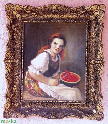 Antik olaj-vászon festmény. Geiger Richárd:  Dinnyekóstoló leány