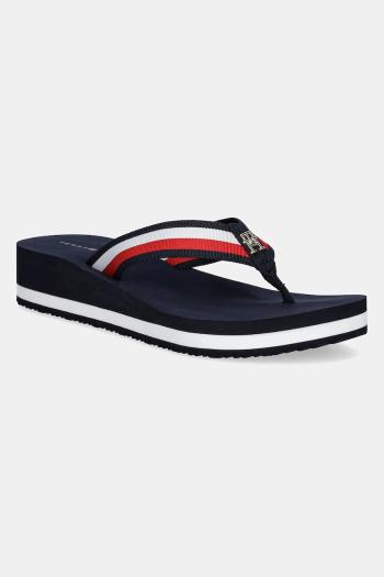Šľapky Tommy Hilfiger TH CORP MID WEDGE BEACH SANDAL dámske, tmavomodrá farba, na kline, FW0FW08517