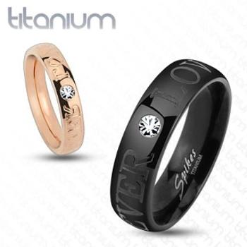 Čierna obrúčka z titánu, ligotavý číry zirkónik, nápis FOREVER LOVE, 6 mm - Veľkosť: 67 mm