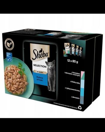 SHEBA Selection plicuri hrana pisica 48x85 g somon si cod, peste alb, peste oceanic, cod in sos