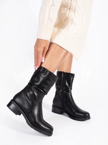 Botine negre confortabile pentru femei pe un toc lat