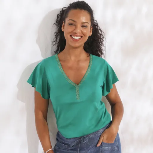 Tricou cu decolteu în V, cu ornamente strălucitoare