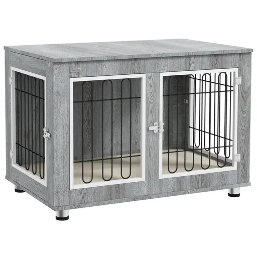 PawHut Cage pentru câini animale cușcă de câini pe picioare cu pernă detașabilă oțel aspect lemn 90 x 58 x 65 cm gri | Aosom Romania