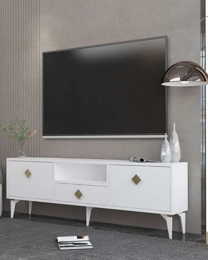 Comoda TV, Hanah Home, 1304-DROP-1, 140x49x30 cm, PAL , Alb/Auriu