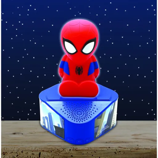 Boxa cu lumini de noapte pentru copii Spider-Man, LEXIBOOK, 21x16x16 cm, plastic/cauciuc, albastru/rosu