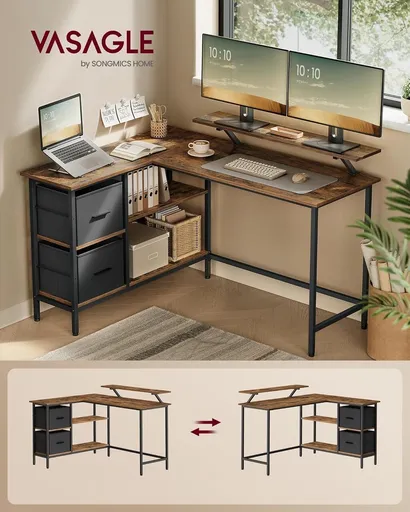 Birou in forma de L / birou de colt, Vasagle, Gaming Desk, reversibil, cu suport monitor, rafturi, cosuri, 105x135x89.5 cm, PAL/otel, maro rustic
