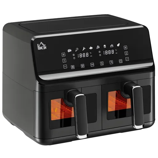 HOMCOM Friteuză cu Aer Cald cu 2 Coșuri Independente și 8 Meniuri, 38,5x38x30,5 cm, Negru | Aosom Romania