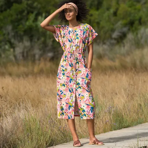 Rochie midi cu nasturi, cu imprimeu, din bumbac/linen