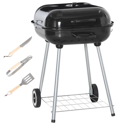 Outsunny Barbecue cu cărbune BBQ cu 2 roți, ustensile, capac și raft dim. 56L x 62l x 82H cm, metal emailat negru | Aosom Romania
