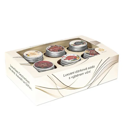 Set de lumânări aromate cu felicitare 28 g încutie cadou, Winter, mix 6 bucăți