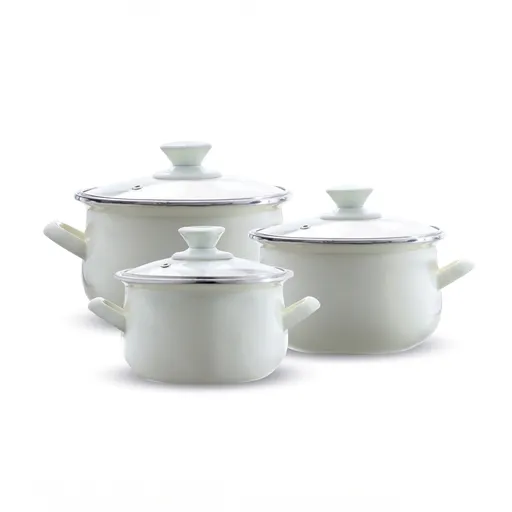 Set oale emailate 6 piese, Emalia Olkusz, 14 cm/16 cm/18 cm, 1.25 L/2 L/2.8 L, otel/sticla, crem