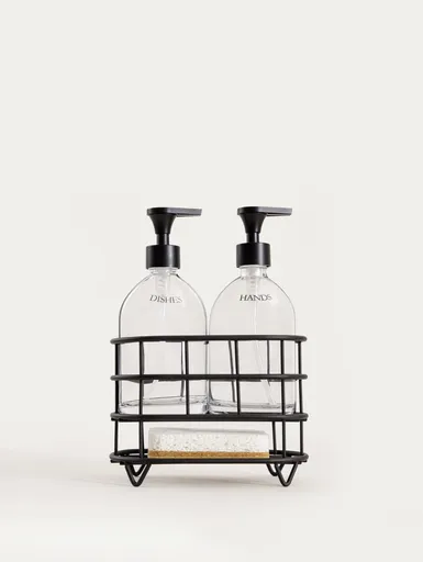 Set 2 dozatoare sapun/detergent lichid si suport Nerja, Homla, 22x10.5x19.5 cm, sticla/plastic/metal, negru/transparent