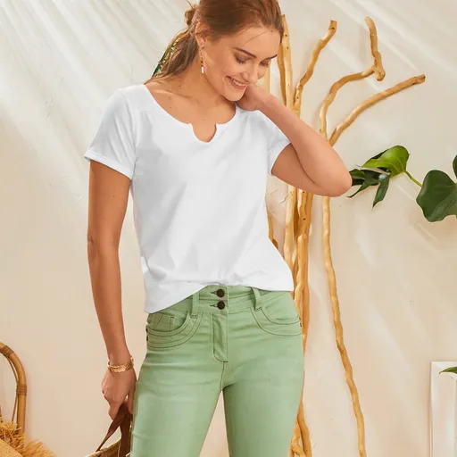 Tricou de culoare solidă cu decolteu tunisian