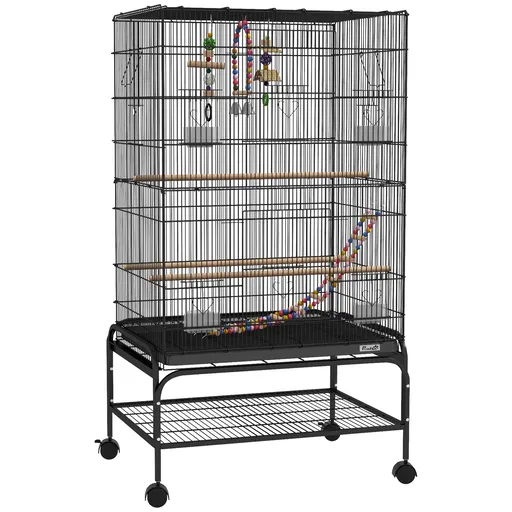 PawHut Colivie pentru Păsări 110 cm, Volieră pentru Perusi, Nimfe, Canari, Agapornis, Cinteze cu Roți, 4 Recipiente, Jucării, Tavă Detașabilă, Raft, N