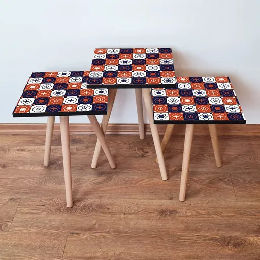 Set masute 3 piese, Hanah Home, 3Shp394, Alb / Bleumarin / Portocaliu